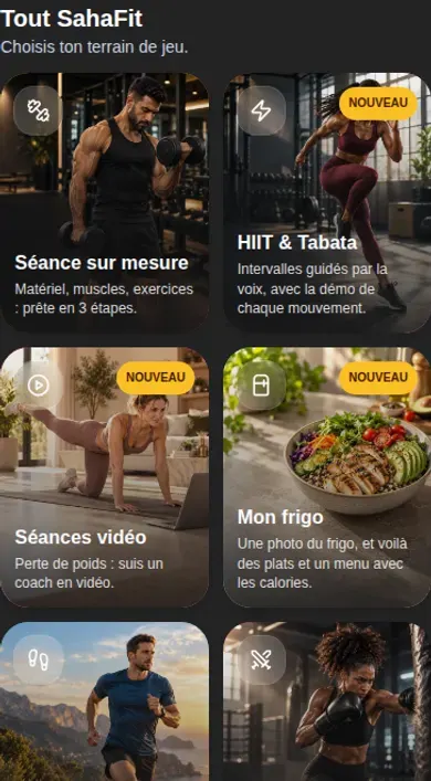 O ecrã inicial do SahaFit num telemóvel: treino à medida, HIIT, vídeos, frigorífico, corrida, combate